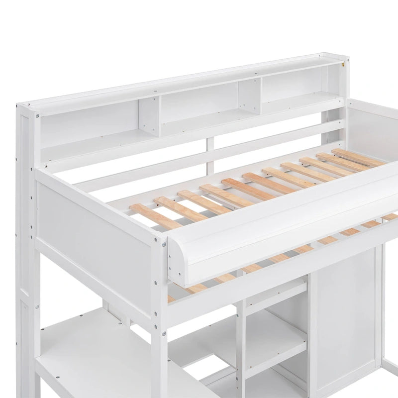 Twin Wood Loft Bed with Shelves, Wardrobe, and Desk