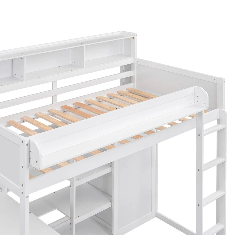 Twin Wood Loft Bed with Shelves, Wardrobe, and Desk