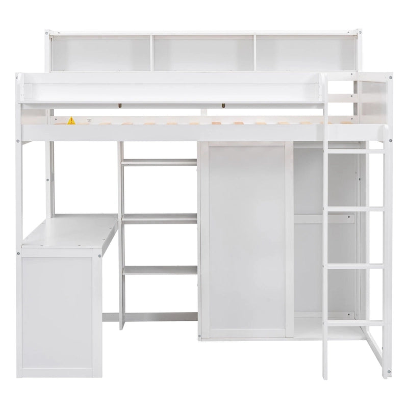Twin Wood Loft Bed with Shelves, Wardrobe, and Desk