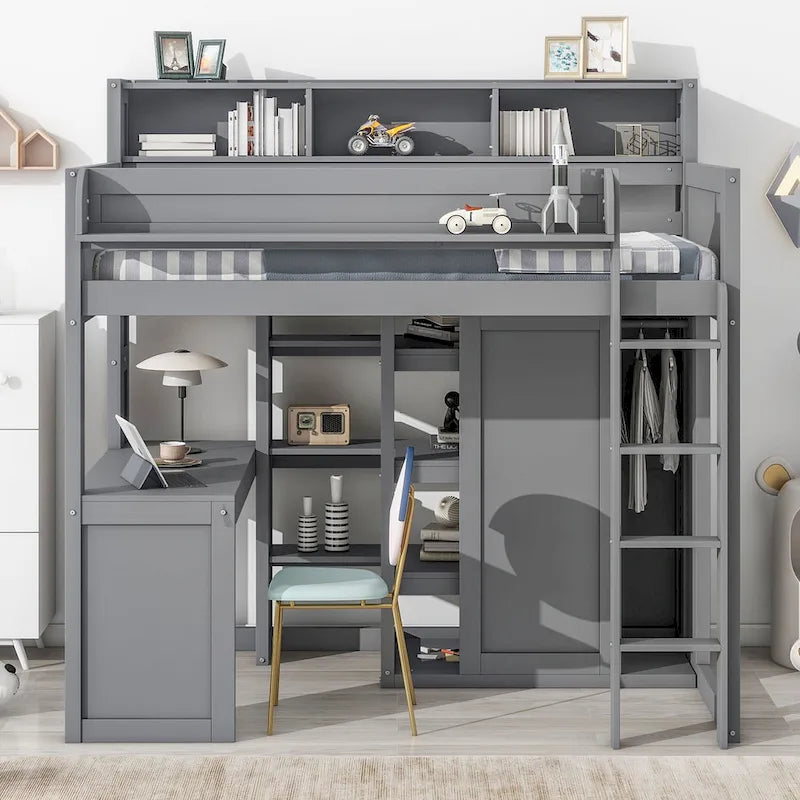 Twin Wood Loft Bed with Shelves, Wardrobe, and Desk