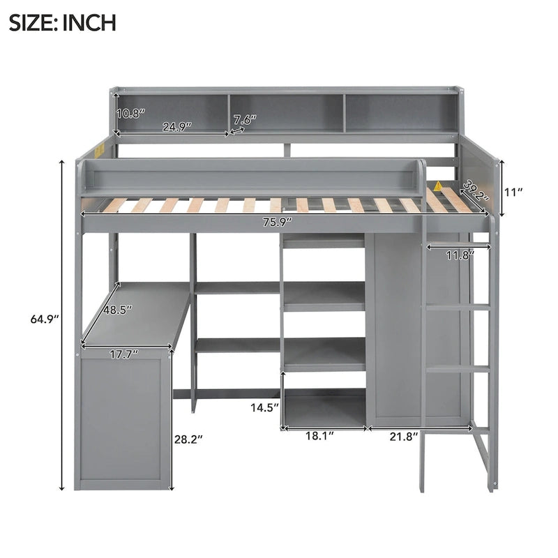 Twin Wood Loft Bed with Shelves, Wardrobe, and Desk