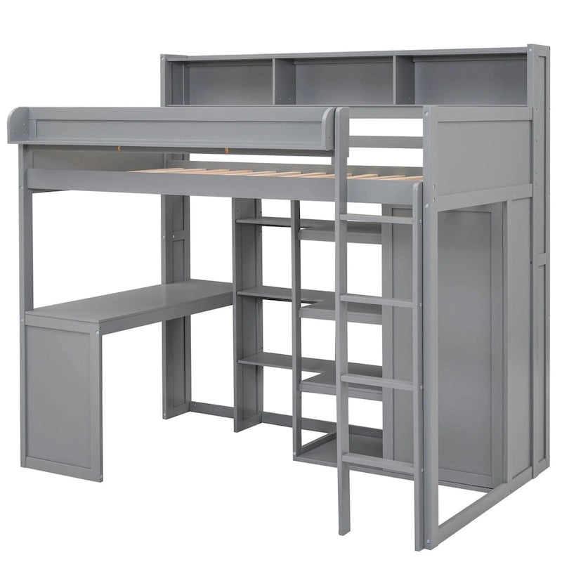Twin Wood Loft Bed with Shelves, Wardrobe, and Desk