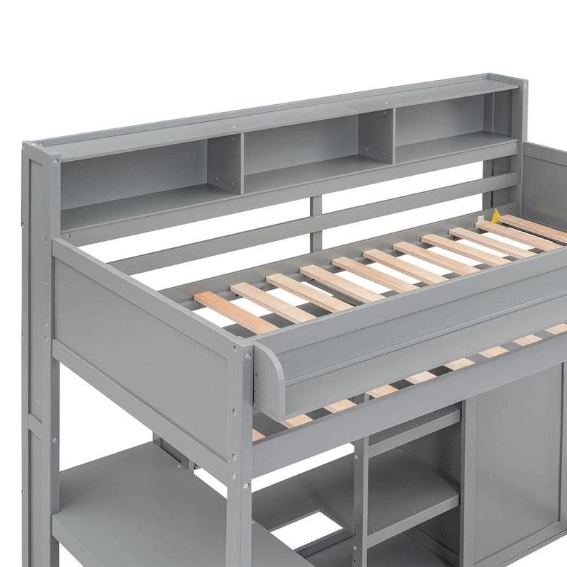Twin Wood Loft Bed with Shelves, Wardrobe, and Desk