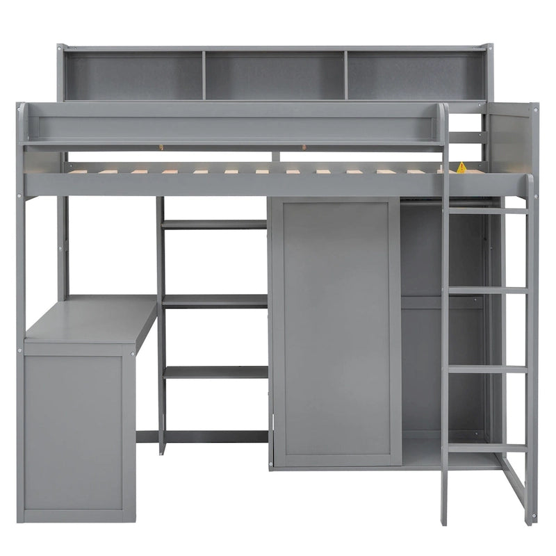 Twin Wood Loft Bed with Shelves, Wardrobe, and Desk