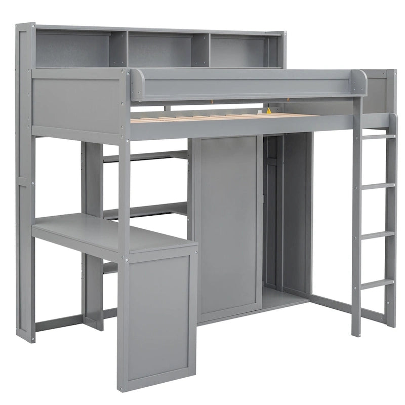 Twin Wood Loft Bed with Shelves, Wardrobe, and Desk