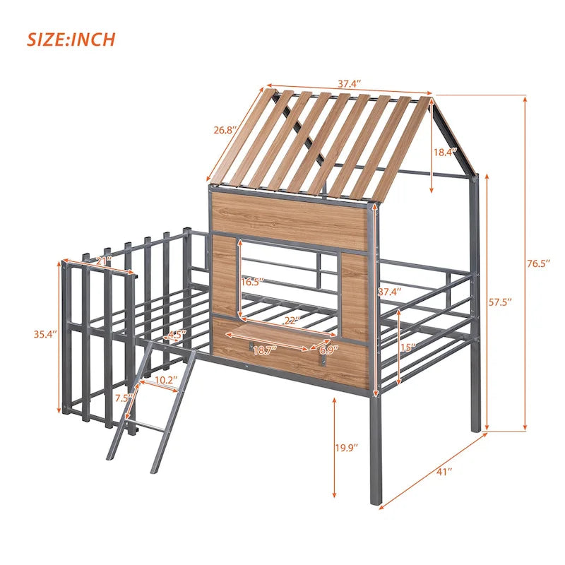Silver Twin Metal Loft Bed with Roof, Window & Ladder