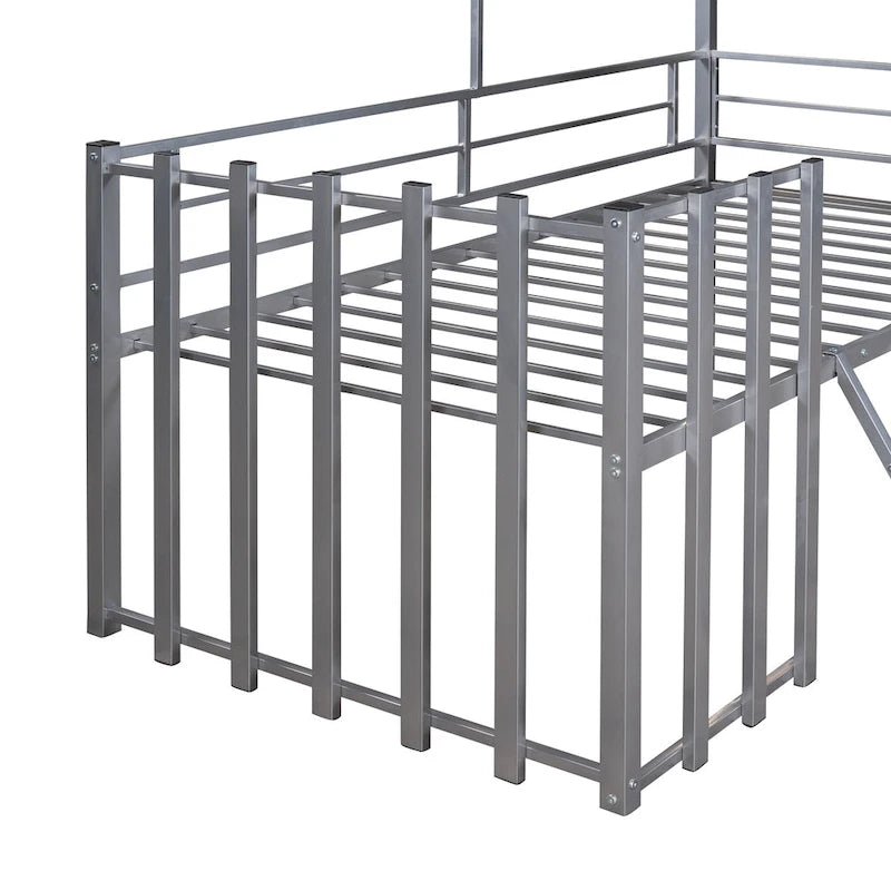 Silver Twin Metal Loft Bed with Roof, Window & Ladder