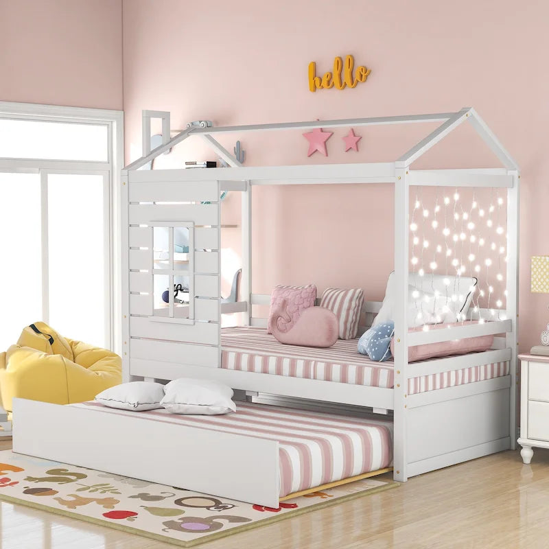 Twin Pine House Bed with Trundle, Guardrail, and Window