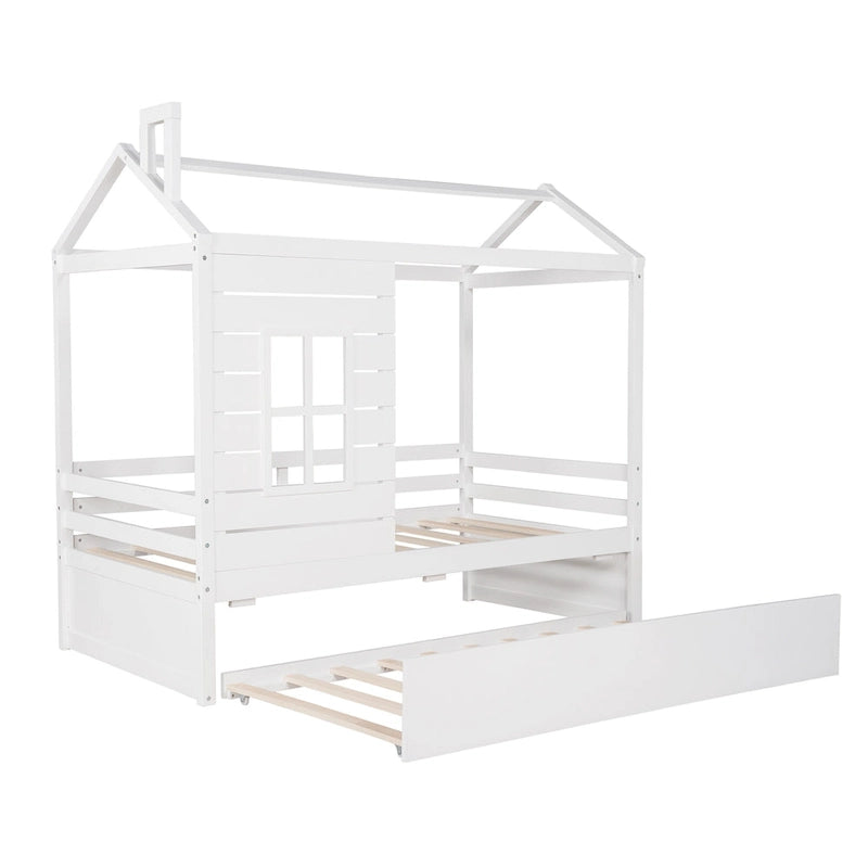 Twin Pine House Bed with Trundle, Guardrail, and Window