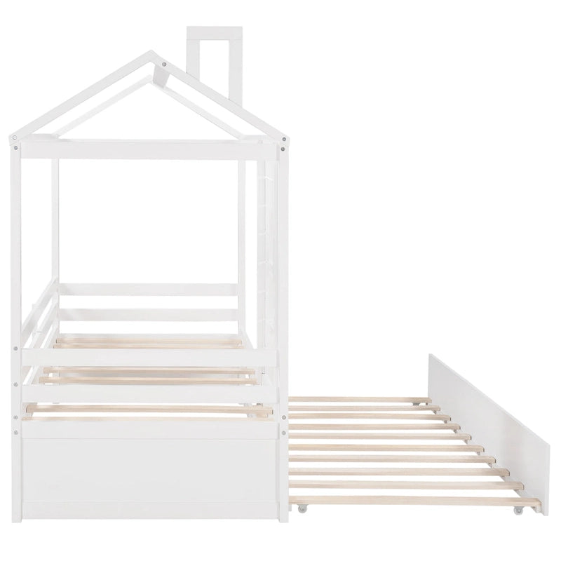 Twin Pine House Bed with Trundle, Guardrail, and Window