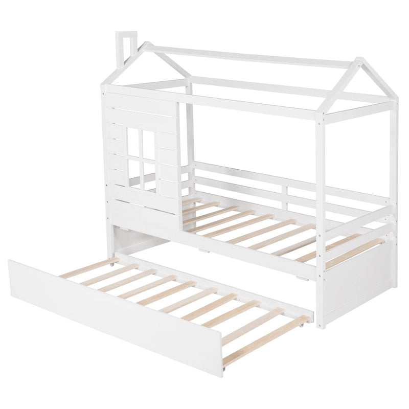 Twin Pine House Bed with Trundle, Guardrail, and Window