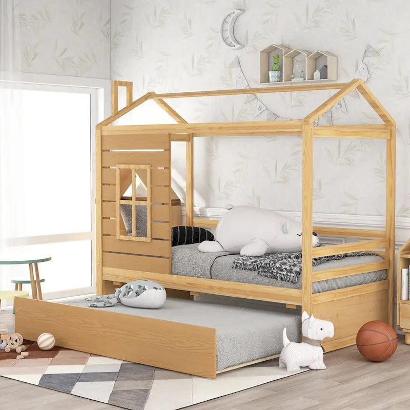 Twin Pine House Bed with Trundle, Guardrail, and Window