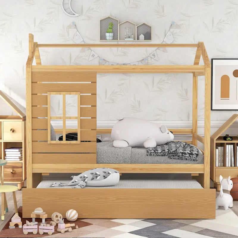 Twin Pine House Bed with Trundle, Guardrail, and Window