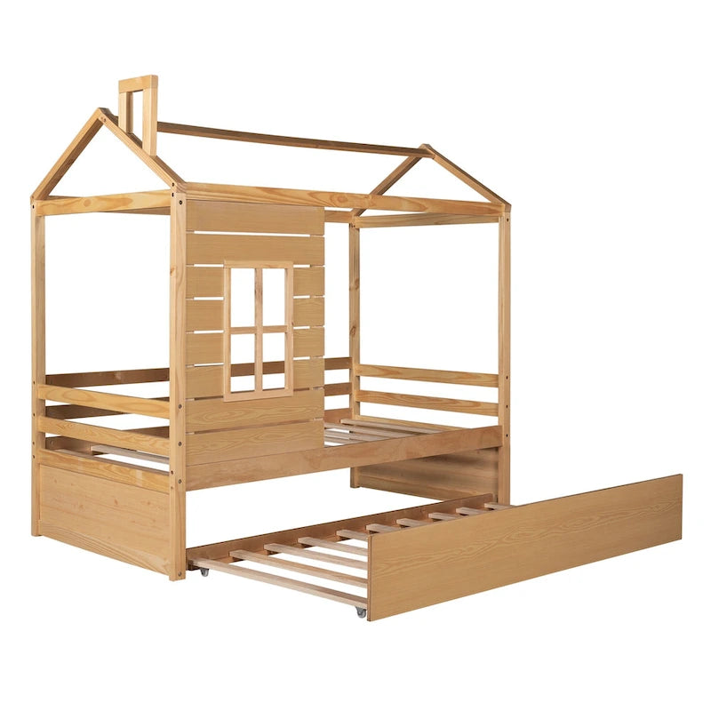 Twin Pine House Bed with Trundle, Guardrail, and Window