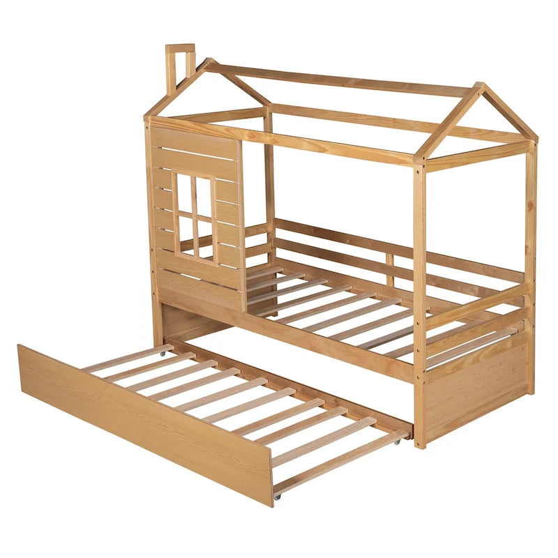 Twin Pine House Bed with Trundle, Guardrail, and Window
