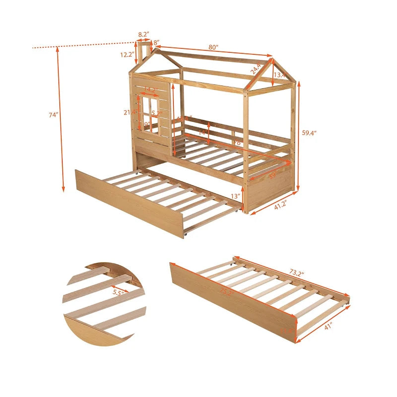 Twin Pine House Bed with Trundle, Guardrail, and Window