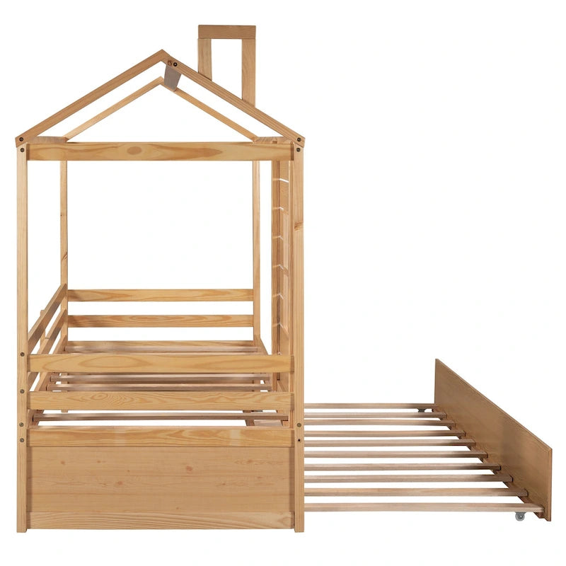 Twin Pine House Bed with Trundle, Guardrail, and Window