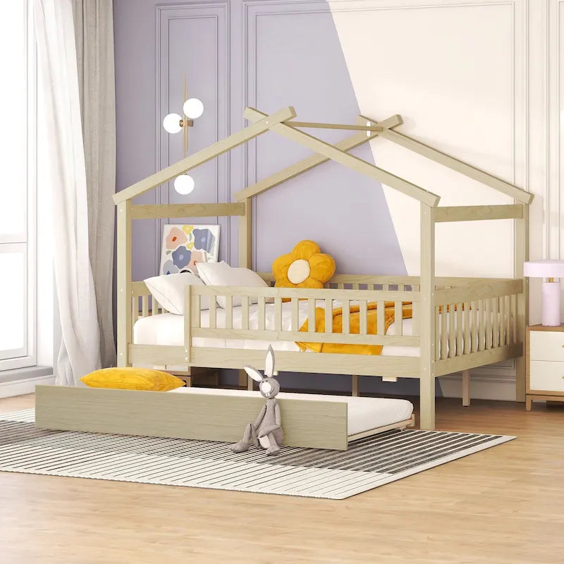 Full Pine House Bed with Twin Trundle