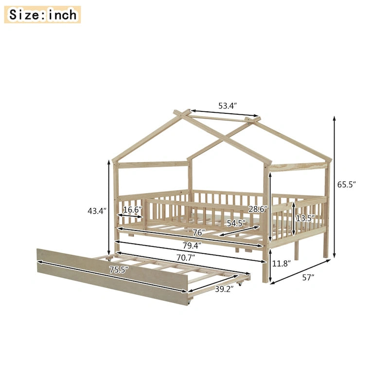 Full Pine House Bed with Twin Trundle