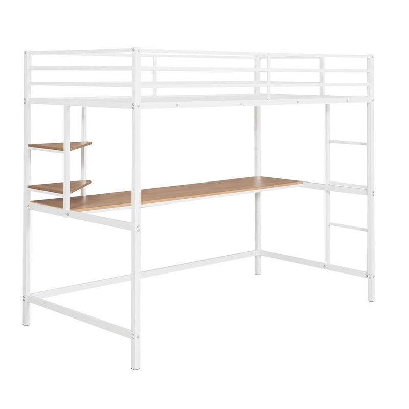 White Twin Size Metal Loft Bed with Desk, Ladder & Shelf