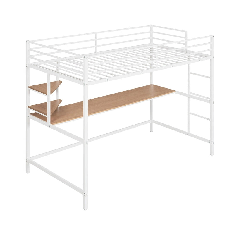 White Twin Size Metal Loft Bed with Desk, Ladder & Shelf