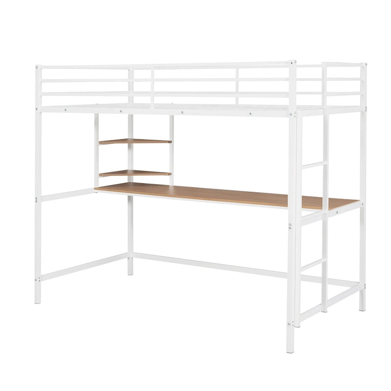 White Twin Size Metal Loft Bed with Desk, Ladder & Shelf