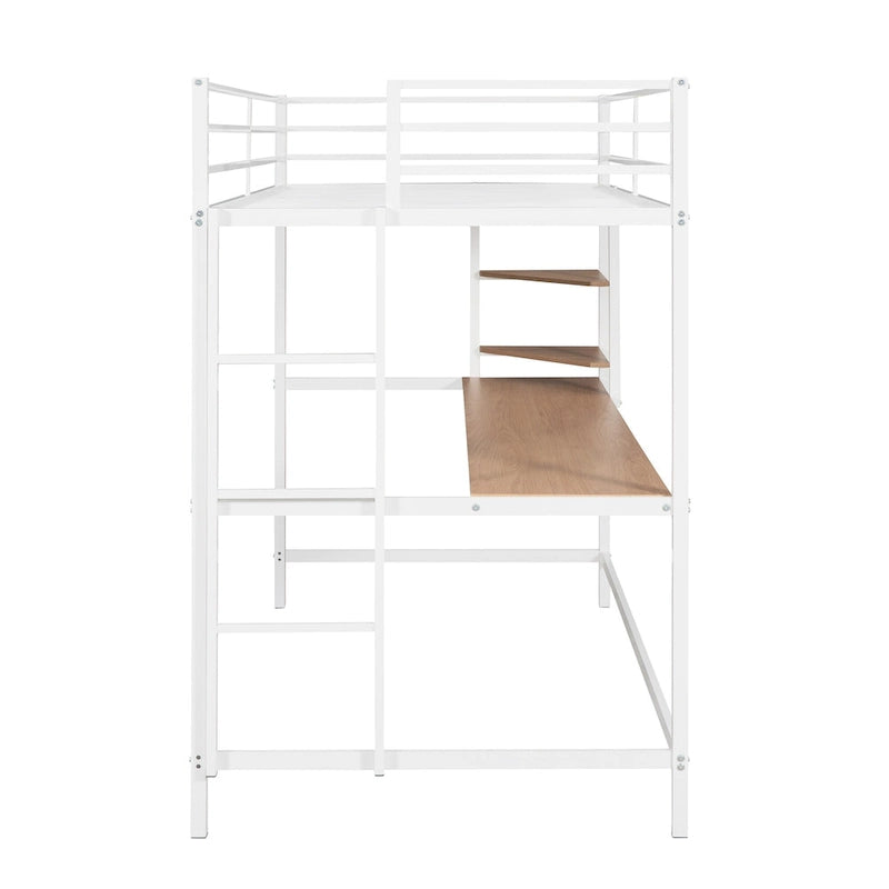 White Twin Size Metal Loft Bed with Desk, Ladder & Shelf