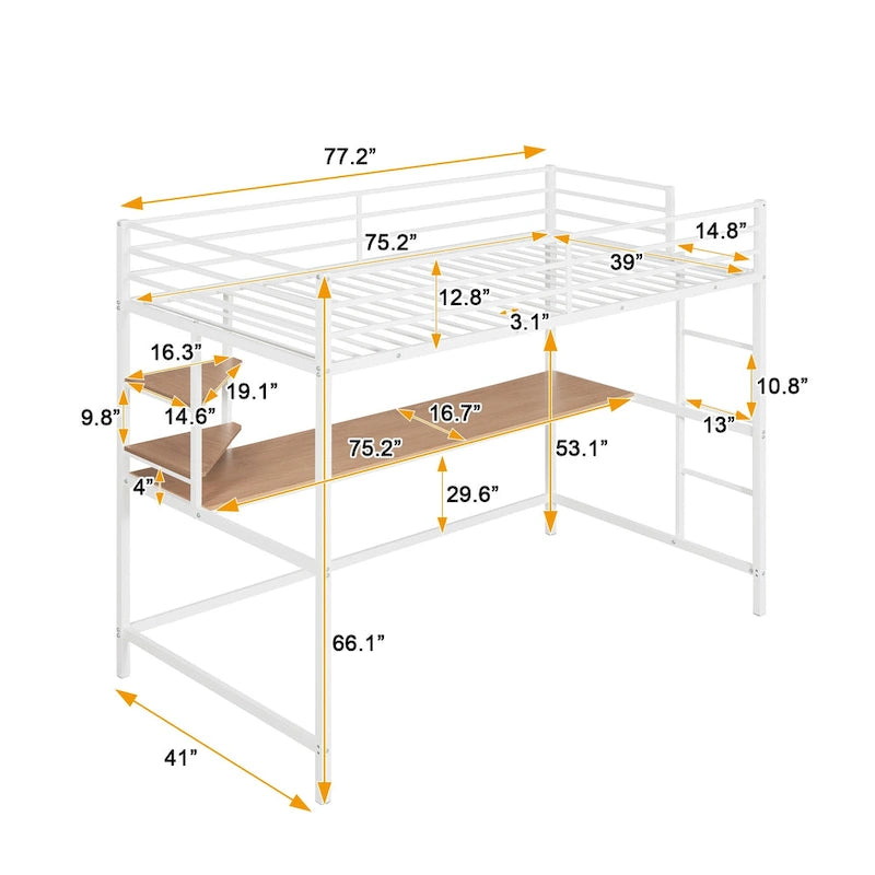 White Twin Size Metal Loft Bed with Desk, Ladder & Shelf