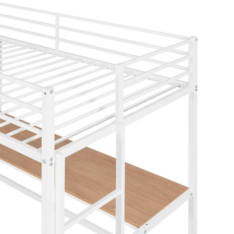 White Twin Size Metal Loft Bed with Desk, Ladder & Shelf
