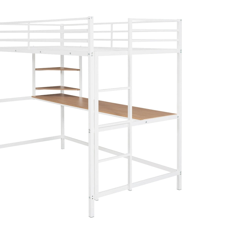White Twin Size Metal Loft Bed with Desk, Ladder & Shelf
