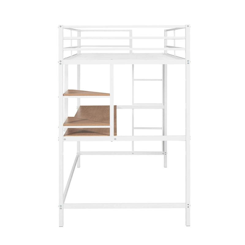 White Twin Size Metal Loft Bed with Desk, Ladder & Shelf