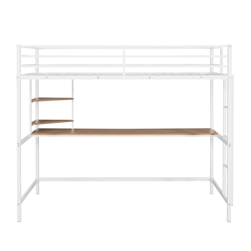 White Twin Size Metal Loft Bed with Desk, Ladder & Shelf