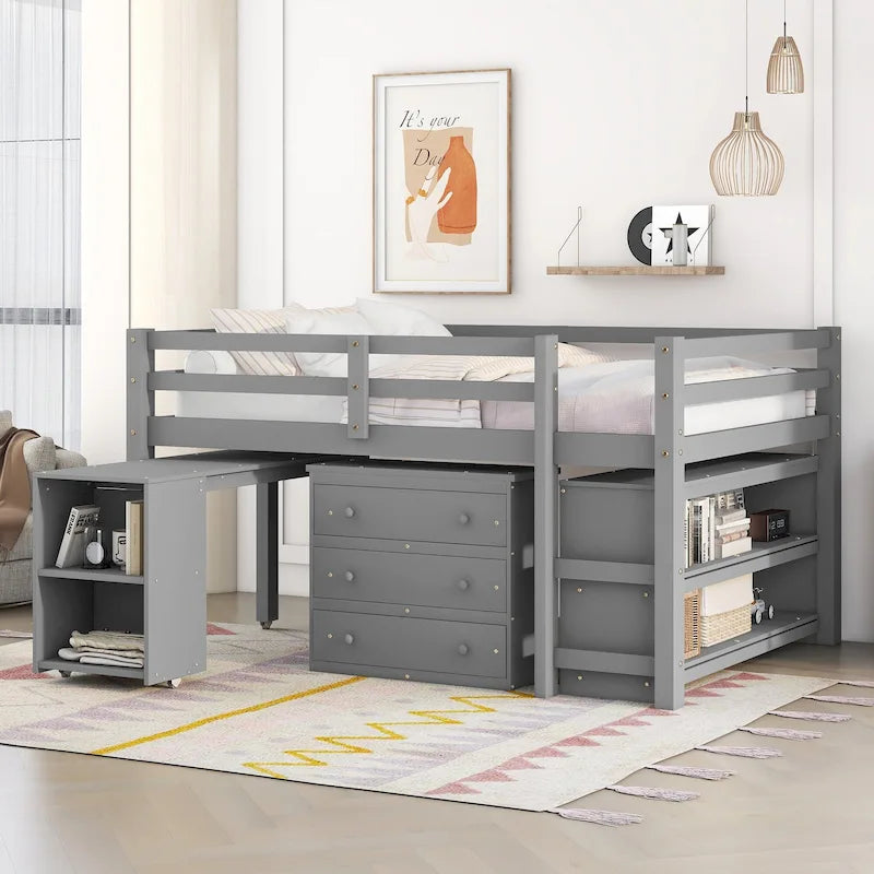 Full Pine Multifunctional Loft Bed with Movable Desk