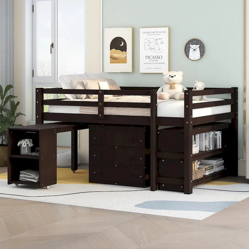 Full Pine Loft Bed with Roll-out Desk, 3 Drawers and Bookshelf