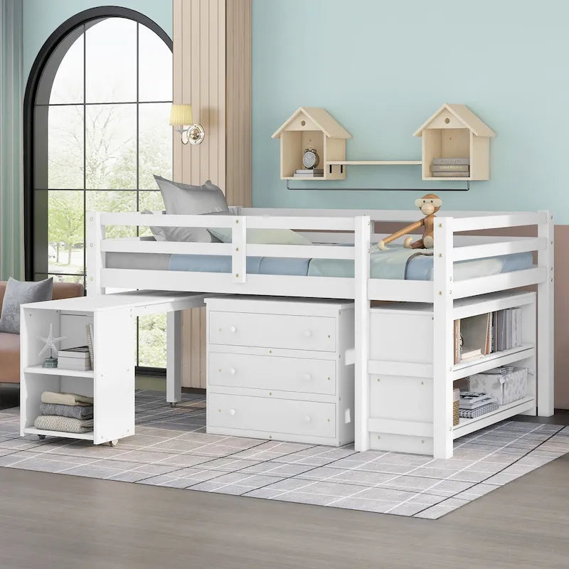 Full Pine Loft Bed with Roll-out Desk, 3 Drawers and Bookshelf
