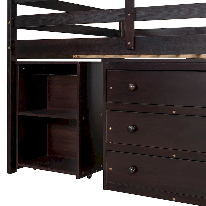 Full Pine Multifunctional Loft Bed with Movable Desk