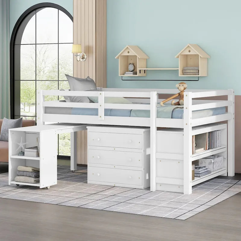 Full Pine Multifunctional Loft Bed with Movable Desk