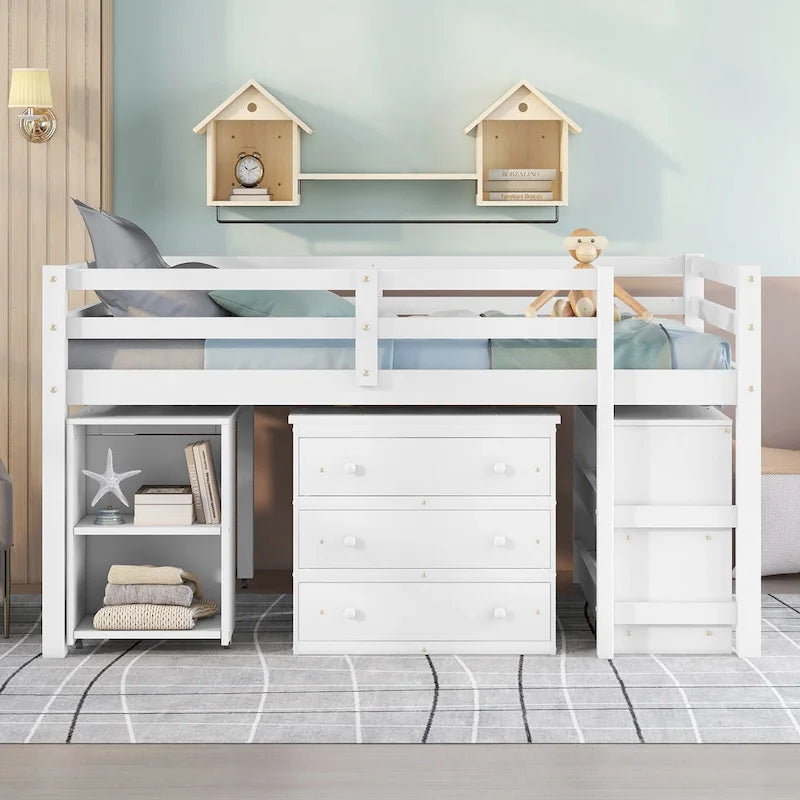 Full Pine Multifunctional Loft Bed with Movable Desk