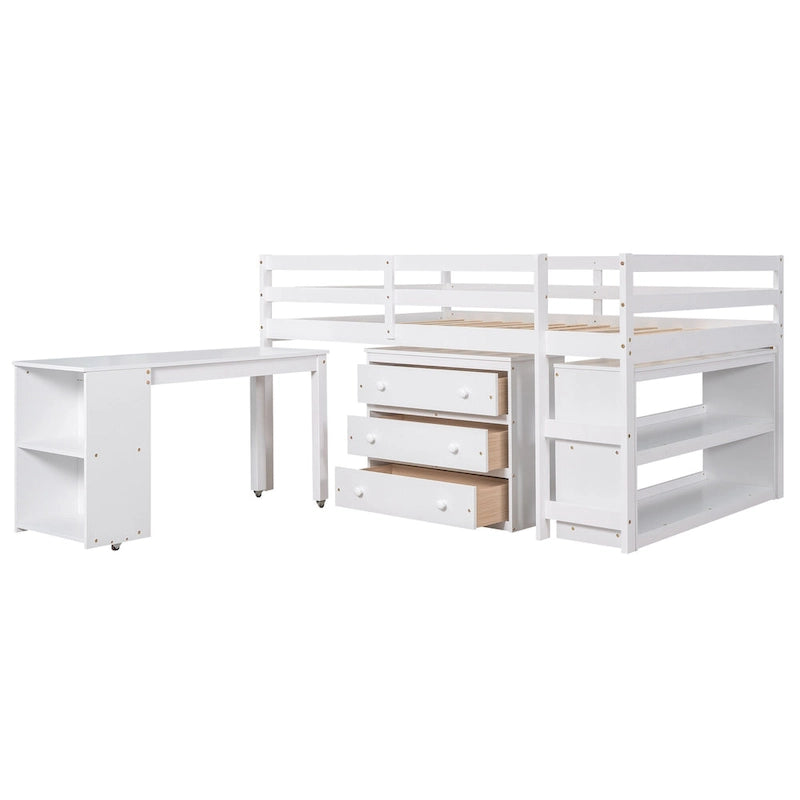 Full Pine Multifunctional Loft Bed with Movable Desk