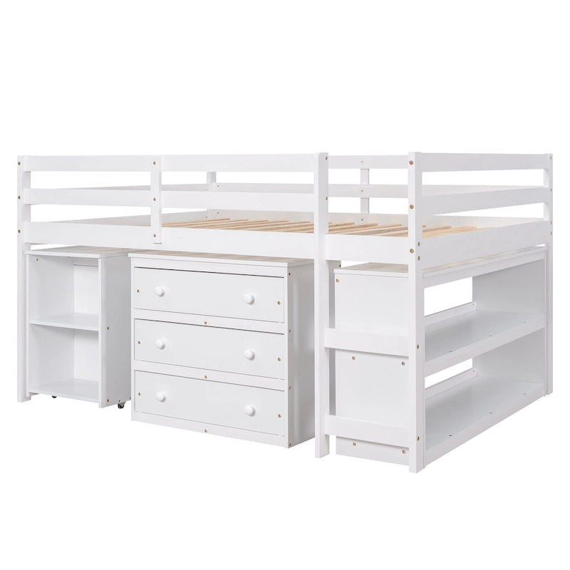 Full Pine Multifunctional Loft Bed with Movable Desk