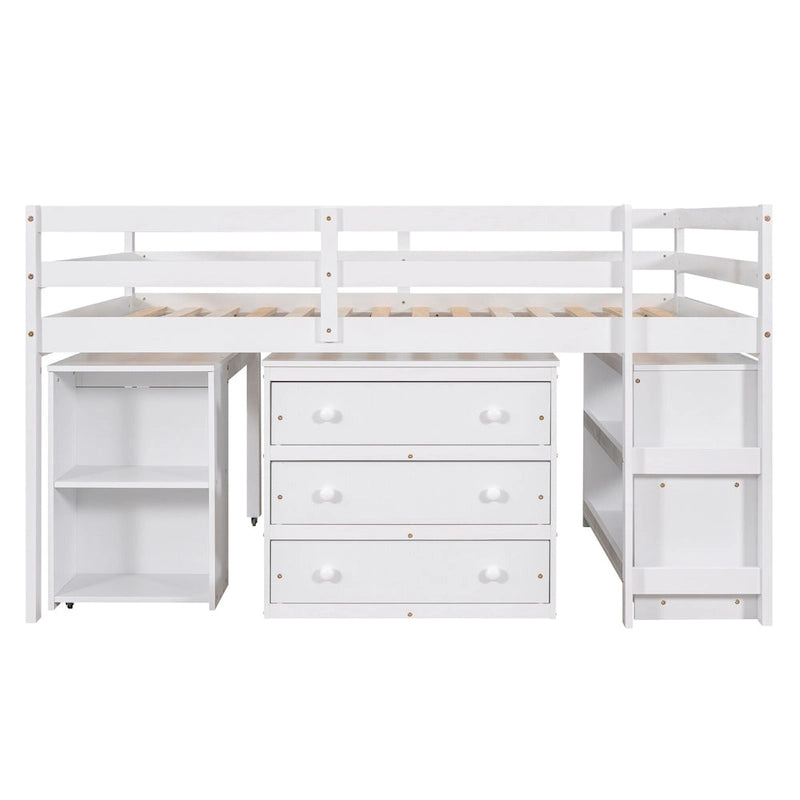 Full Pine Multifunctional Loft Bed with Movable Desk