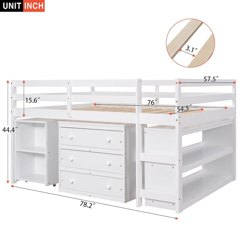 Full Pine Multifunctional Loft Bed with Movable Desk
