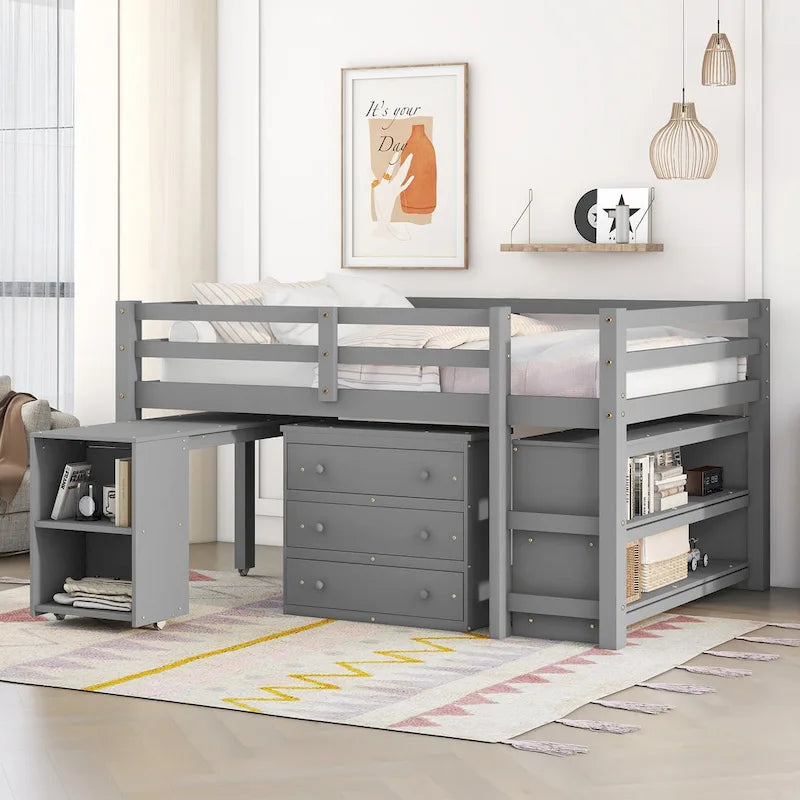 Full Pine Multifunctional Loft Bed with Movable Desk