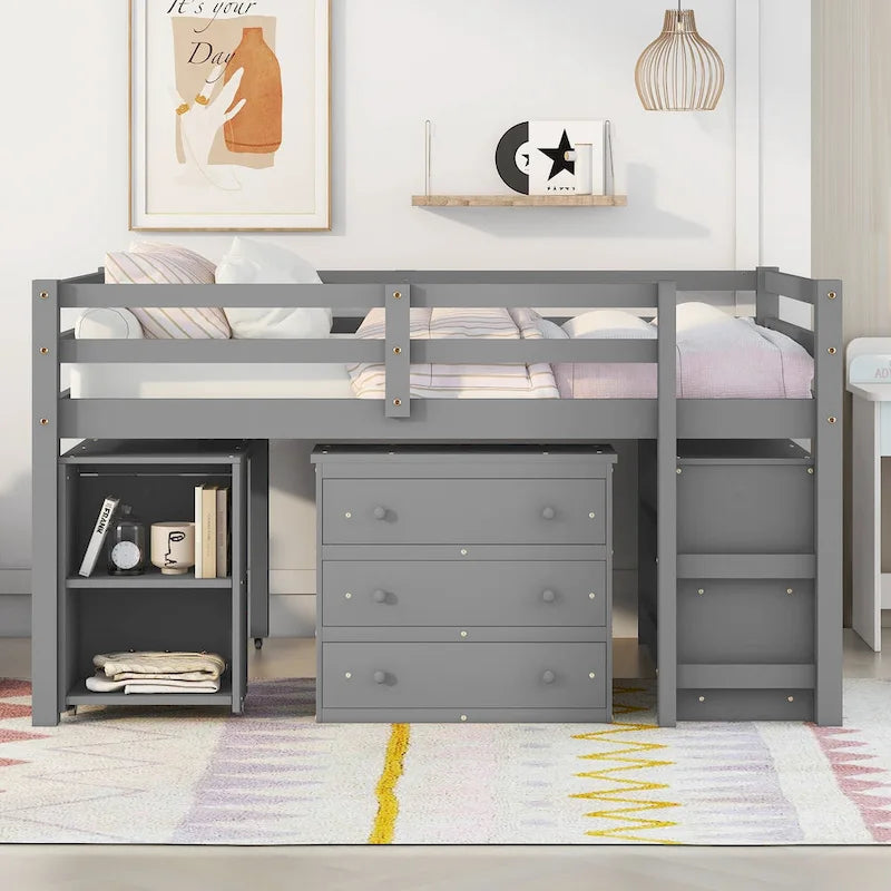 Full Pine Multifunctional Loft Bed with Movable Desk