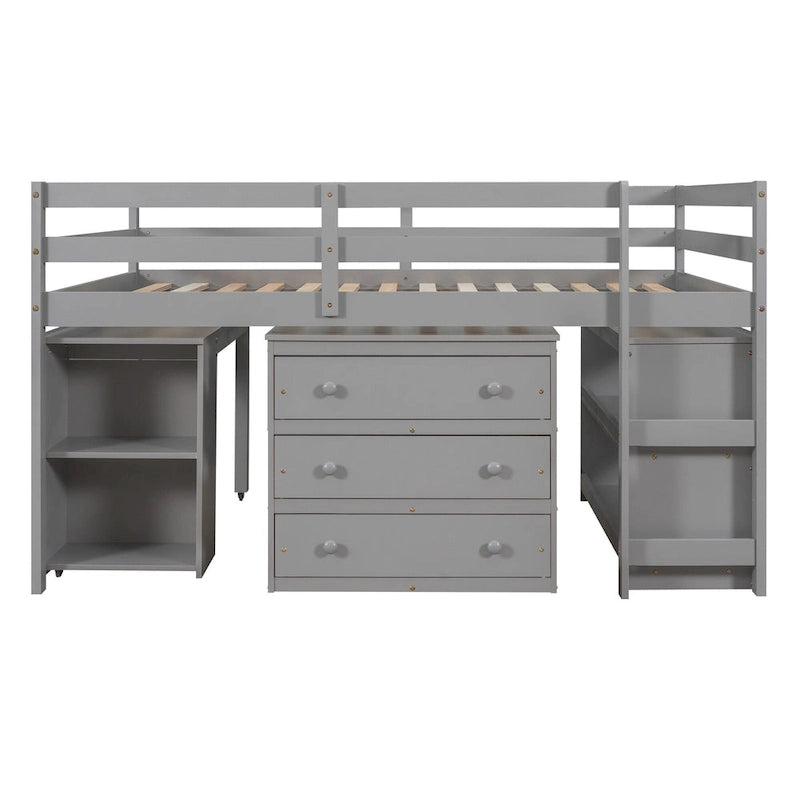 Full Pine Multifunctional Loft Bed with Movable Desk