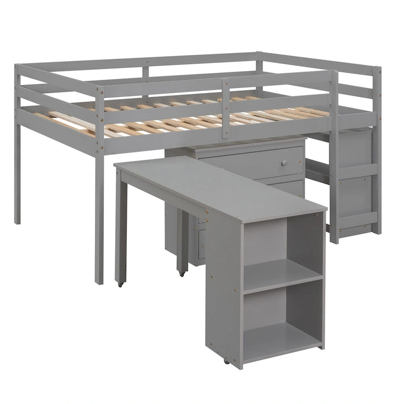 Full Pine Multifunctional Loft Bed with Movable Desk