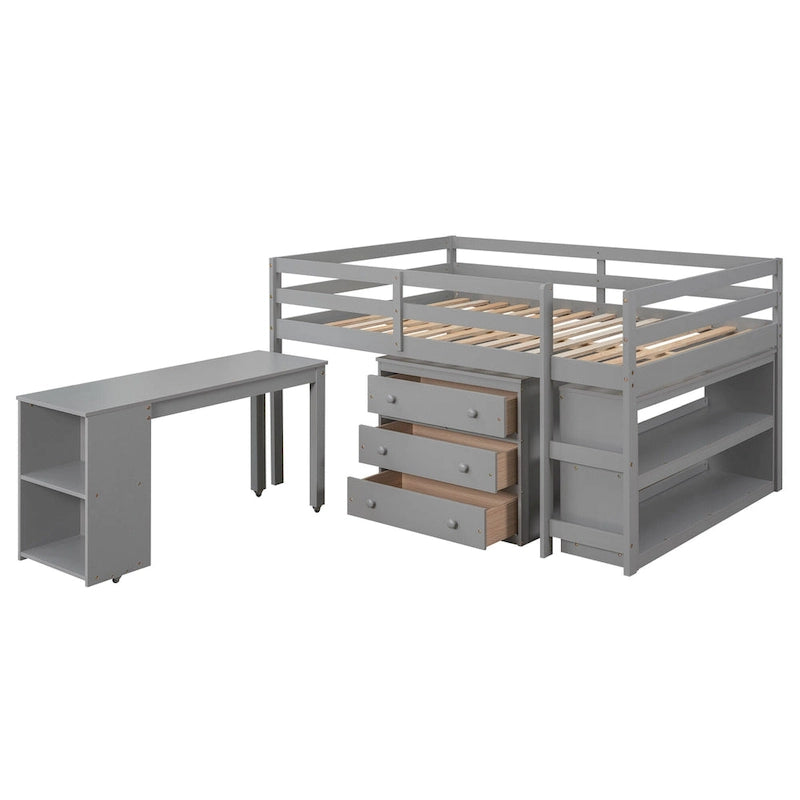 Full Pine Multifunctional Loft Bed with Movable Desk