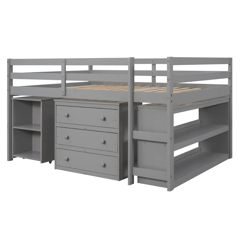 Full Pine Multifunctional Loft Bed with Movable Desk