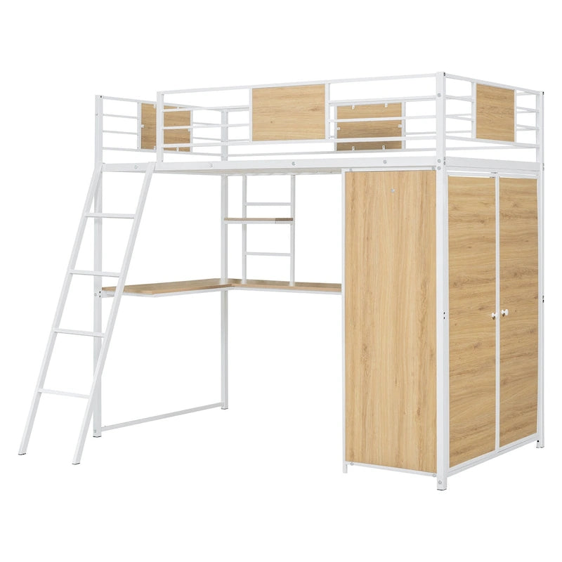 Twin Size Metal Wood Loft Bed with L-shaped Desk and Ladder