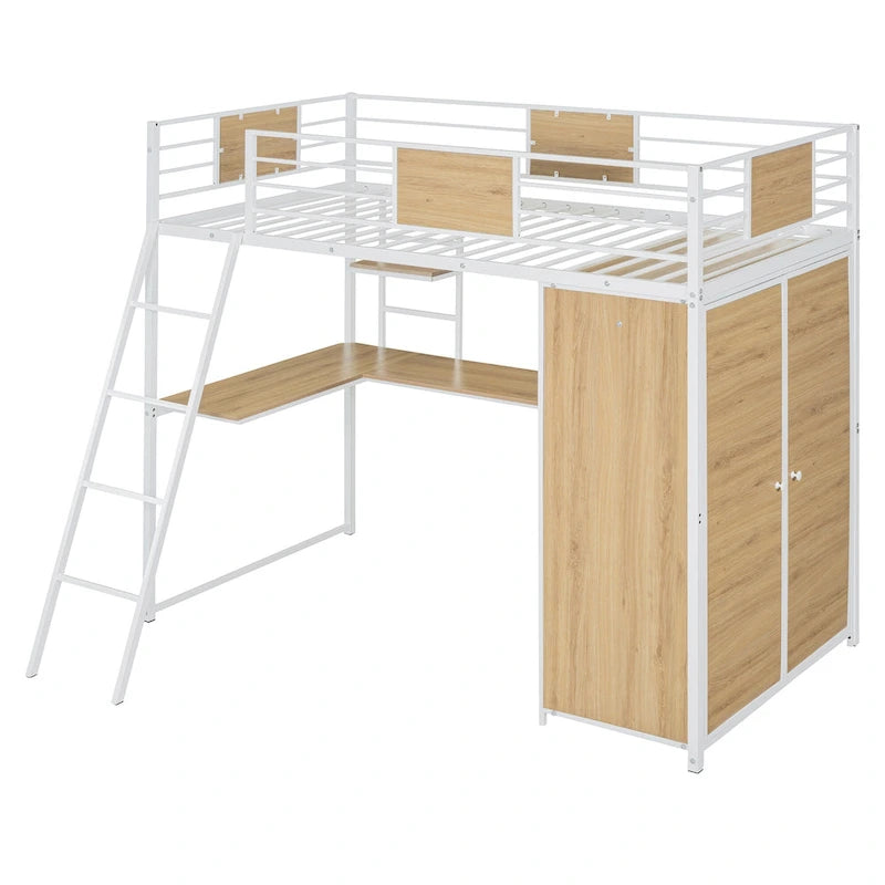 Twin Size Metal Wood Loft Bed with L-shaped Desk and Ladder